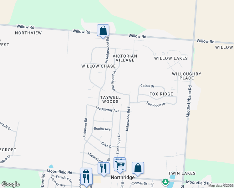 map of restaurants, bars, coffee shops, grocery stores, and more near 5518 Taywell Court in Springfield