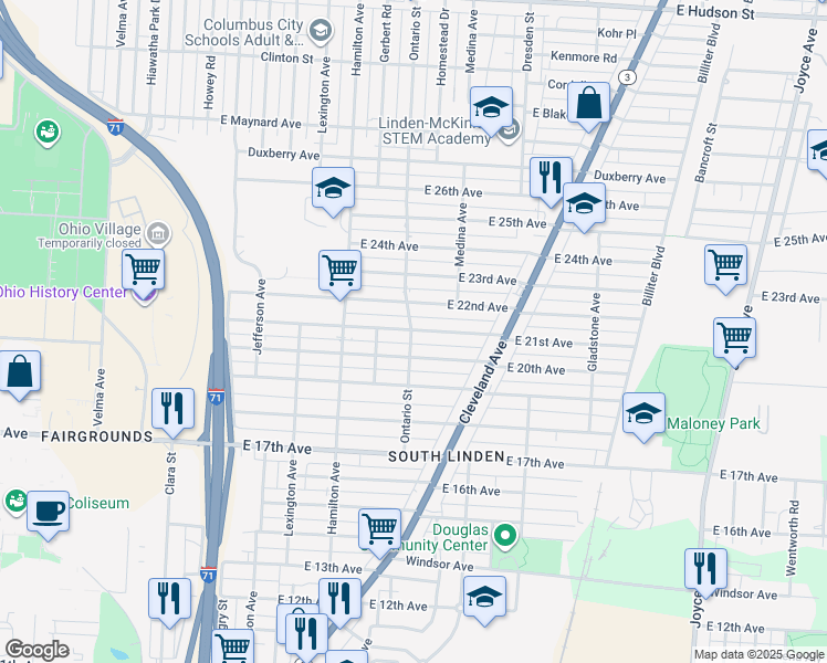 map of restaurants, bars, coffee shops, grocery stores, and more near 1166 East 20th Avenue in Columbus