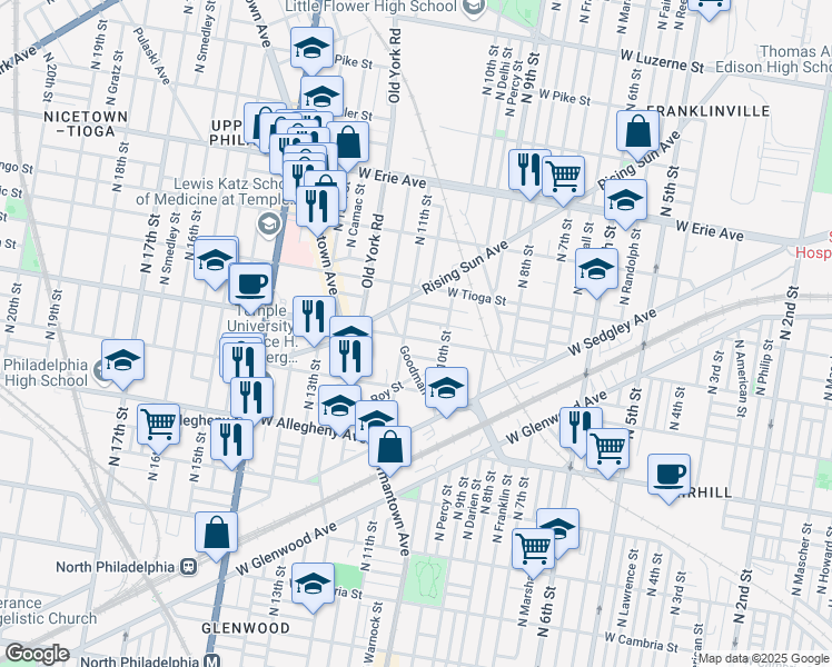 map of restaurants, bars, coffee shops, grocery stores, and more near 1025 West Ontario Street in Philadelphia