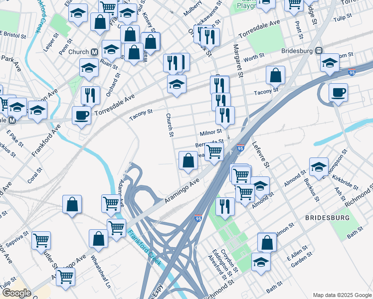 map of restaurants, bars, coffee shops, grocery stores, and more near 4335 Bermuda Street in Philadelphia