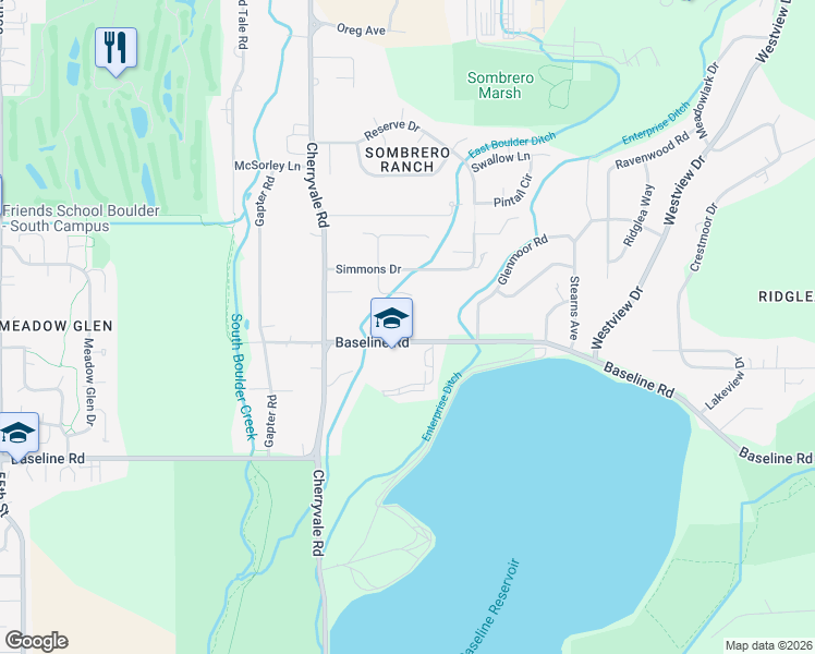 map of restaurants, bars, coffee shops, grocery stores, and more near 6161 County Highway 56 in Boulder