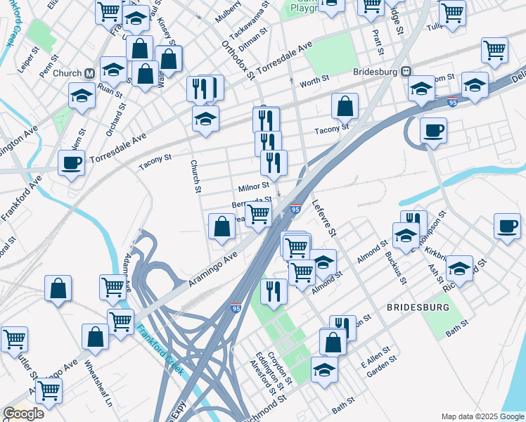 map of restaurants, bars, coffee shops, grocery stores, and more near 4546 Pearce Street in Philadelphia