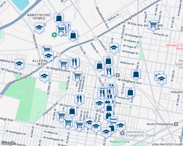 map of restaurants, bars, coffee shops, grocery stores, and more near 2429 West Allegheny Avenue in Philadelphia