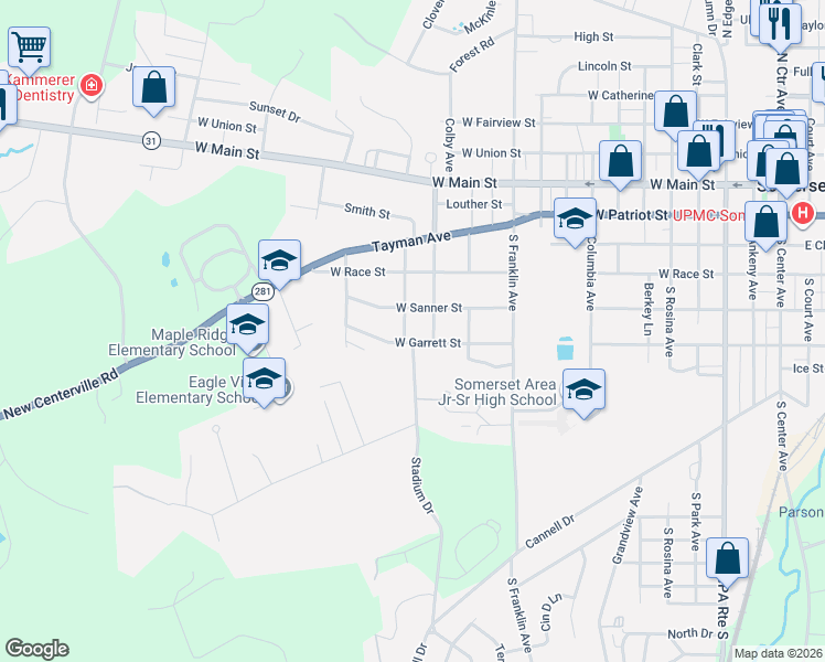map of restaurants, bars, coffee shops, grocery stores, and more near 807 West Garrett Street in Somerset