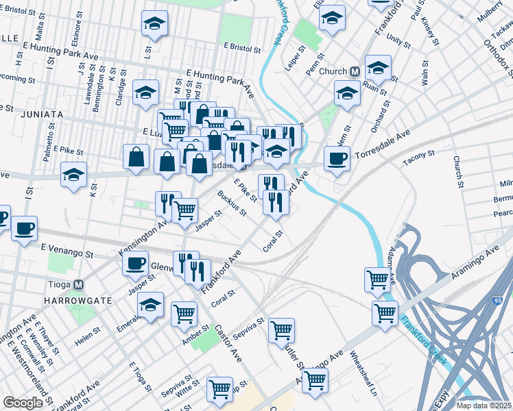 map of restaurants, bars, coffee shops, grocery stores, and more near 1934 East Pike Street in Philadelphia