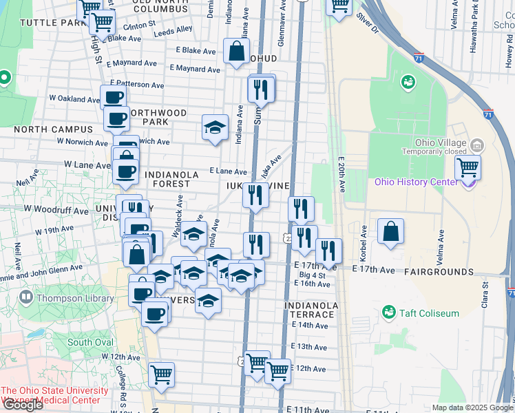 map of restaurants, bars, coffee shops, grocery stores, and more near 2002 Summit Street in Columbus