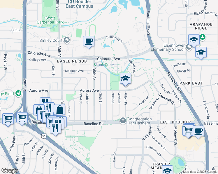 map of restaurants, bars, coffee shops, grocery stores, and more near 885 38th Street in Boulder