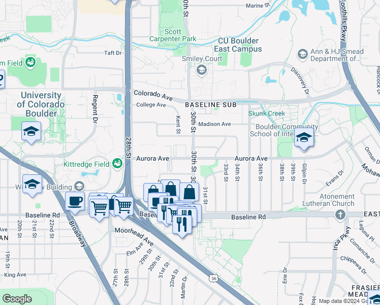 map of restaurants, bars, coffee shops, grocery stores, and more near 2990 Aurora Avenue in Boulder