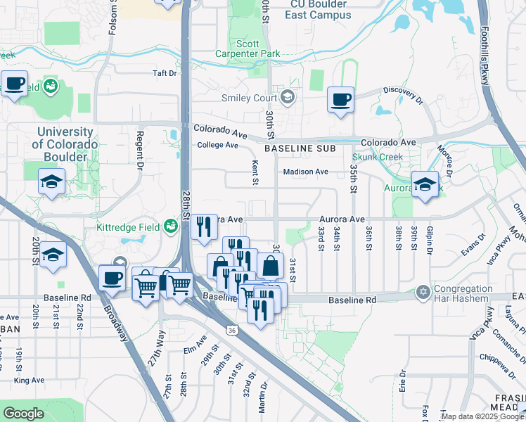 map of restaurants, bars, coffee shops, grocery stores, and more near 2990 Aurora Avenue in Boulder