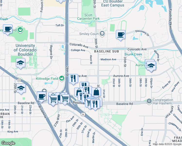 map of restaurants, bars, coffee shops, grocery stores, and more near 2900 Aurora Avenue in Boulder