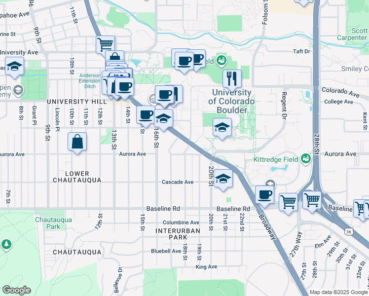 map of restaurants, bars, coffee shops, grocery stores, and more near 890 18th Street in Boulder