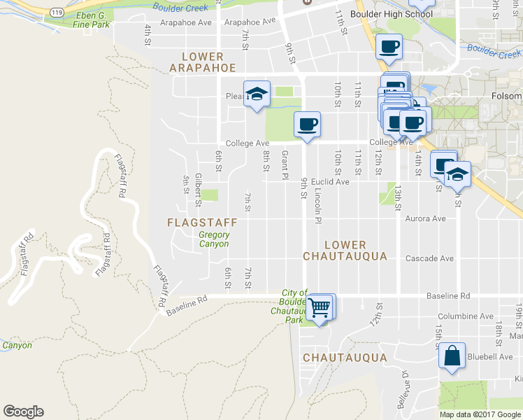 map of restaurants, bars, coffee shops, grocery stores, and more near 700 Aurora Avenue in Boulder