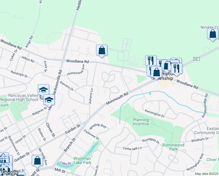 map of restaurants, bars, coffee shops, grocery stores, and more near 23 Hunter Circle in Eastampton Township