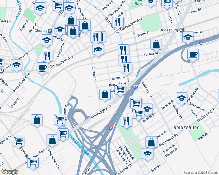 map of restaurants, bars, coffee shops, grocery stores, and more near 4336 Sepviva Street in Philadelphia