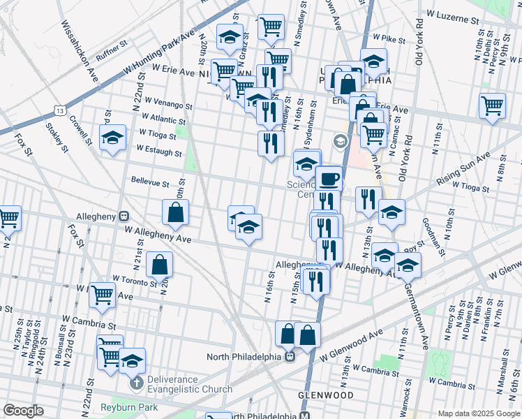 map of restaurants, bars, coffee shops, grocery stores, and more near 3250 North 17th Street in Philadelphia