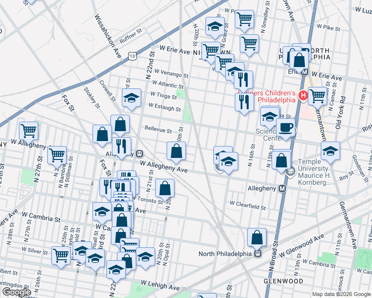 map of restaurants, bars, coffee shops, grocery stores, and more near 3221 North 20th Street in Philadelphia