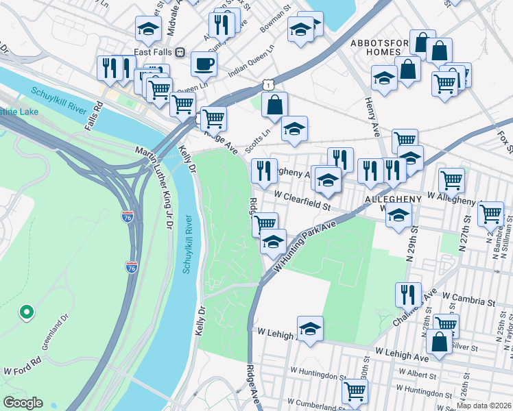 map of restaurants, bars, coffee shops, grocery stores, and more near 3801 Ridge Avenue in Philadelphia