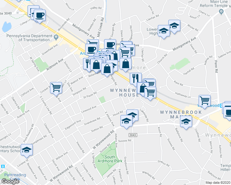 map of restaurants, bars, coffee shops, grocery stores, and more near 34 Linwood Avenue in Ardmore
