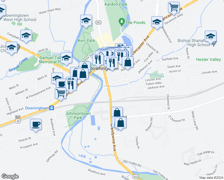 map of restaurants, bars, coffee shops, grocery stores, and more near 227 Brandywine Avenue in Downingtown