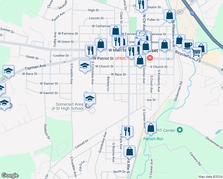 map of restaurants, bars, coffee shops, grocery stores, and more near 307 West Garrett Street in Somerset