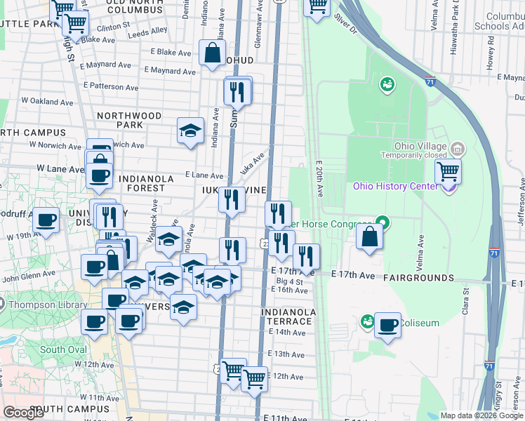 map of restaurants, bars, coffee shops, grocery stores, and more near 336 East 19th Avenue in Columbus