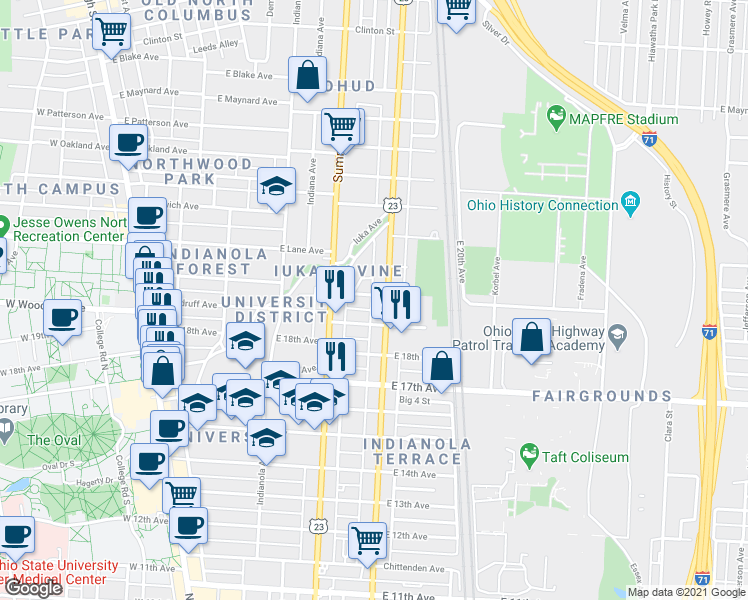 map of restaurants, bars, coffee shops, grocery stores, and more near 336 East 19th Avenue in Columbus