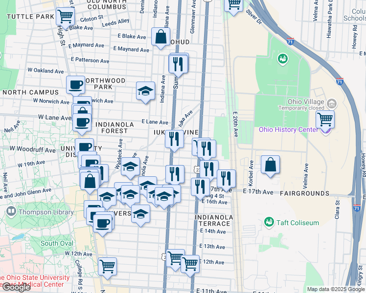 map of restaurants, bars, coffee shops, grocery stores, and more near 336 East 19th Avenue in Columbus