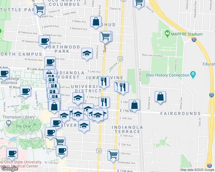 map of restaurants, bars, coffee shops, grocery stores, and more near 336 East 19th Avenue in Columbus