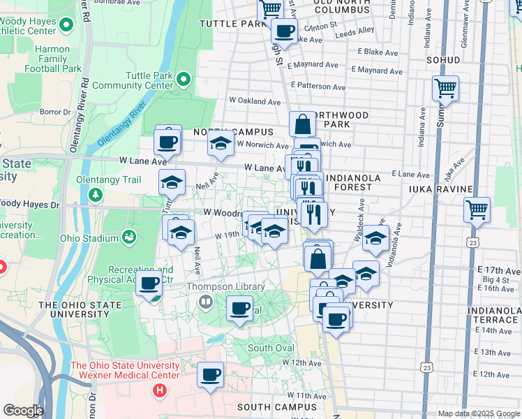map of restaurants, bars, coffee shops, grocery stores, and more near in Columbus