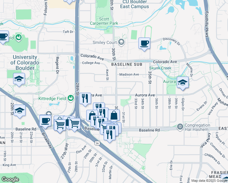 map of restaurants, bars, coffee shops, grocery stores, and more near 2990 Aurora Avenue in Boulder