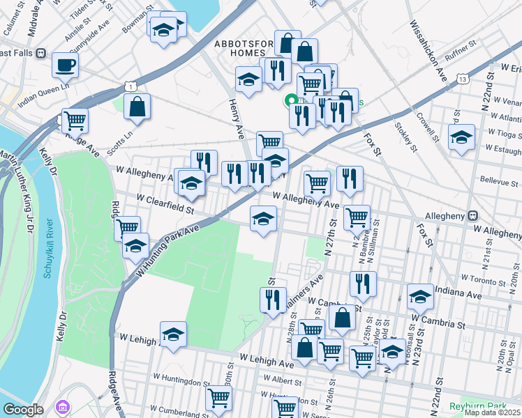 map of restaurants, bars, coffee shops, grocery stores, and more near 2949 West Clearfield Street in Philadelphia