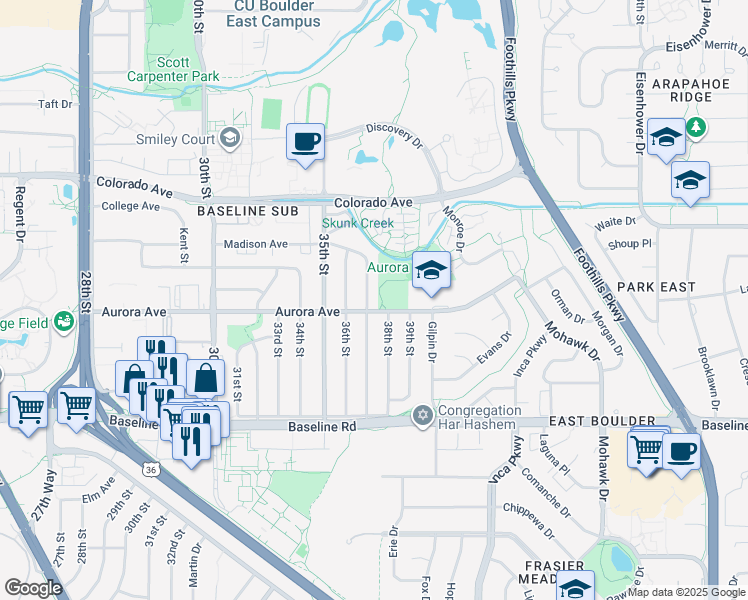 map of restaurants, bars, coffee shops, grocery stores, and more near 885 38th Street in Boulder