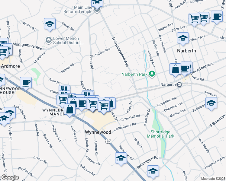 map of restaurants, bars, coffee shops, grocery stores, and more near 325 Penn Road in Wynnewood