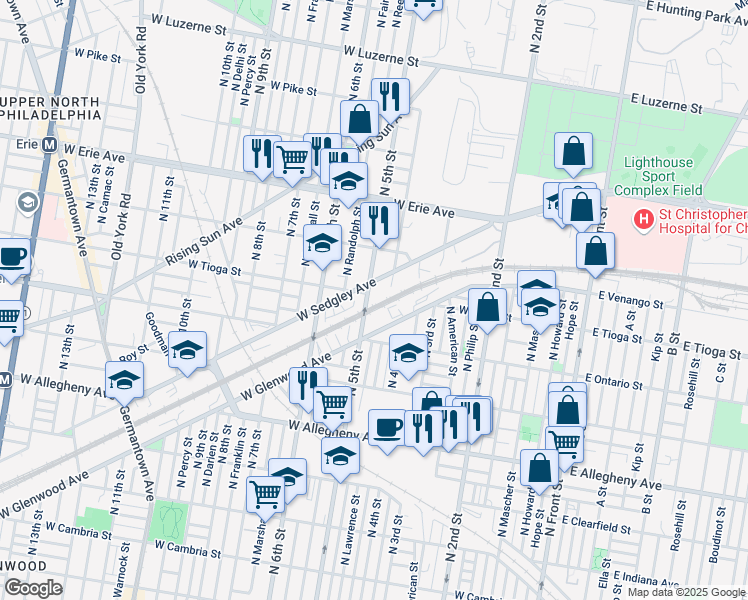map of restaurants, bars, coffee shops, grocery stores, and more near 459 West Glenwood Avenue in Philadelphia
