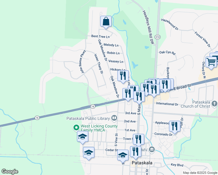 map of restaurants, bars, coffee shops, grocery stores, and more near 75 Oak Meadow Drive in Pataskala