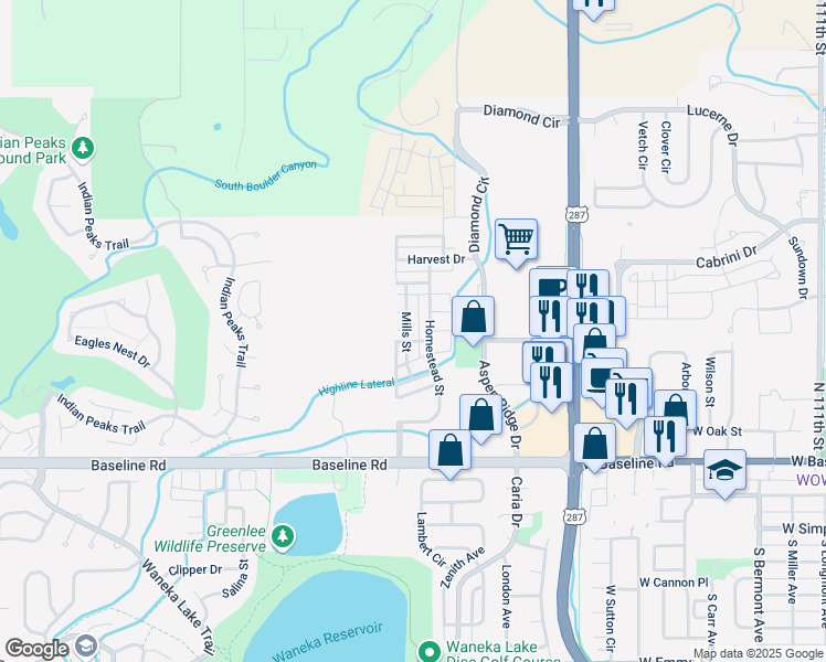 map of restaurants, bars, coffee shops, grocery stores, and more near 525 Mills Street in Lafayette