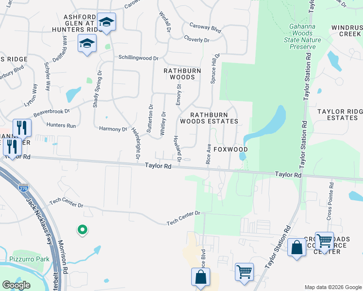 map of restaurants, bars, coffee shops, grocery stores, and more near 1060 Cypress Lane in Gahanna