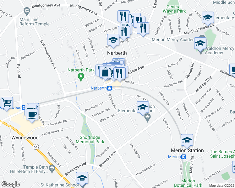 map of restaurants, bars, coffee shops, grocery stores, and more near 211 Woodside Avenue in Narberth