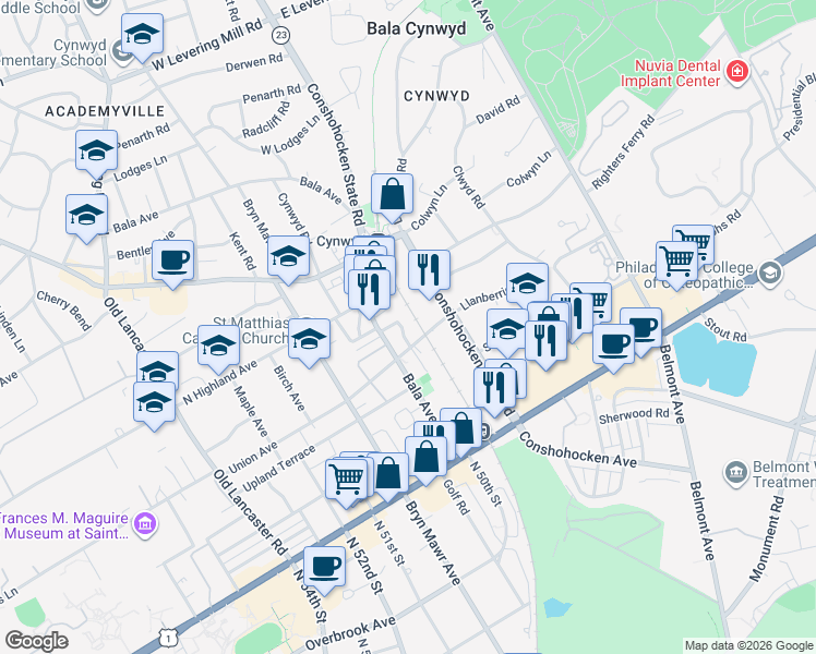 map of restaurants, bars, coffee shops, grocery stores, and more near 101 Bala Avenue in Bala Cynwyd