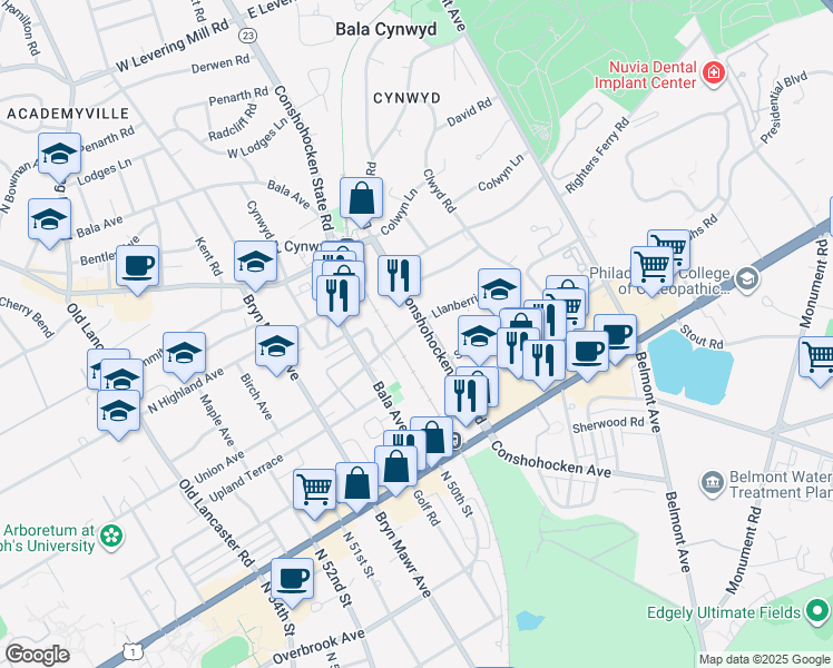 map of restaurants, bars, coffee shops, grocery stores, and more near 1 Union Avenue in Bala Cynwyd