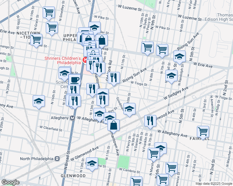 map of restaurants, bars, coffee shops, grocery stores, and more near 3341 North 11th Street in Philadelphia