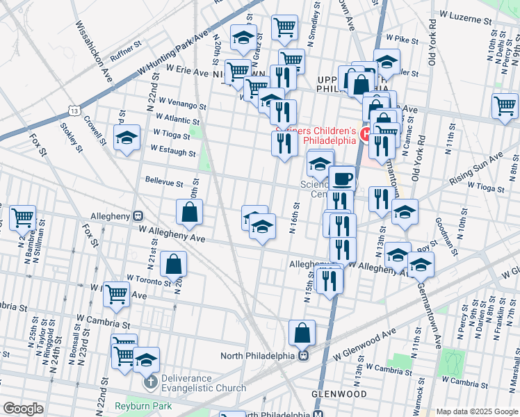 map of restaurants, bars, coffee shops, grocery stores, and more near 3309 North Bouvier Street in Philadelphia