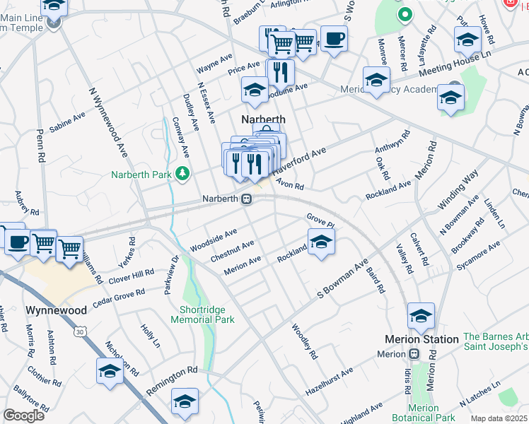 map of restaurants, bars, coffee shops, grocery stores, and more near 211 Woodside Avenue in Narberth