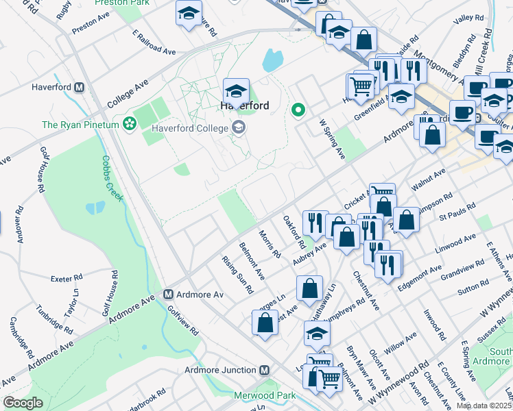 map of restaurants, bars, coffee shops, grocery stores, and more near 104 Village Chatham in Ardmore