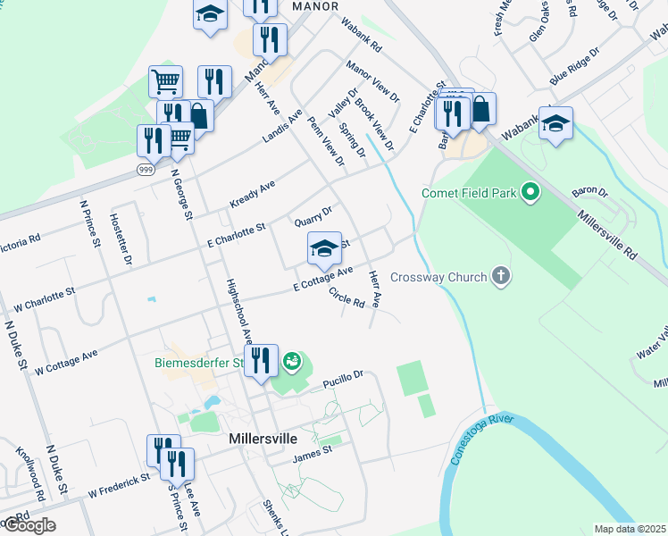 map of restaurants, bars, coffee shops, grocery stores, and more near 125 East Cottage Avenue in Millersville