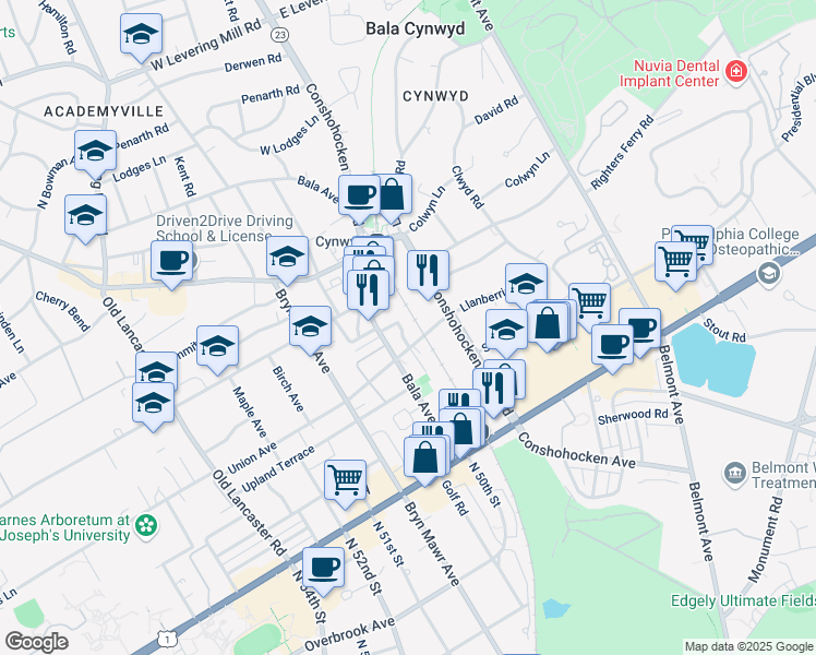 map of restaurants, bars, coffee shops, grocery stores, and more near 1 Cynwyd Road in Bala Cynwyd