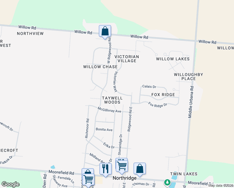 map of restaurants, bars, coffee shops, grocery stores, and more near 5518 Taywell Court in Springfield