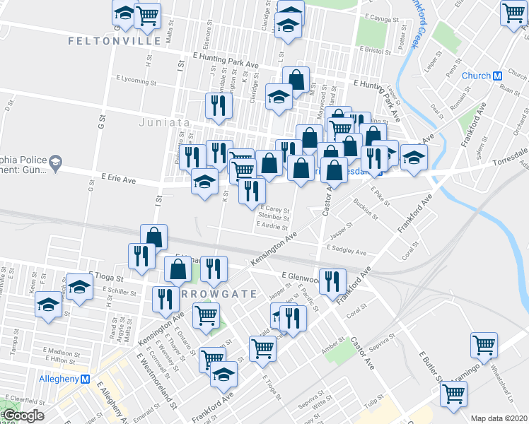 map of restaurants, bars, coffee shops, grocery stores, and more near 3738 Dungan Street in Philadelphia