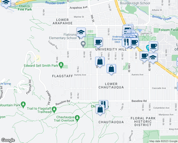 map of restaurants, bars, coffee shops, grocery stores, and more near 834 Aurora Avenue in Boulder