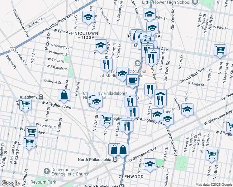 map of restaurants, bars, coffee shops, grocery stores, and more near 3326 North Sydenham Street in Philadelphia